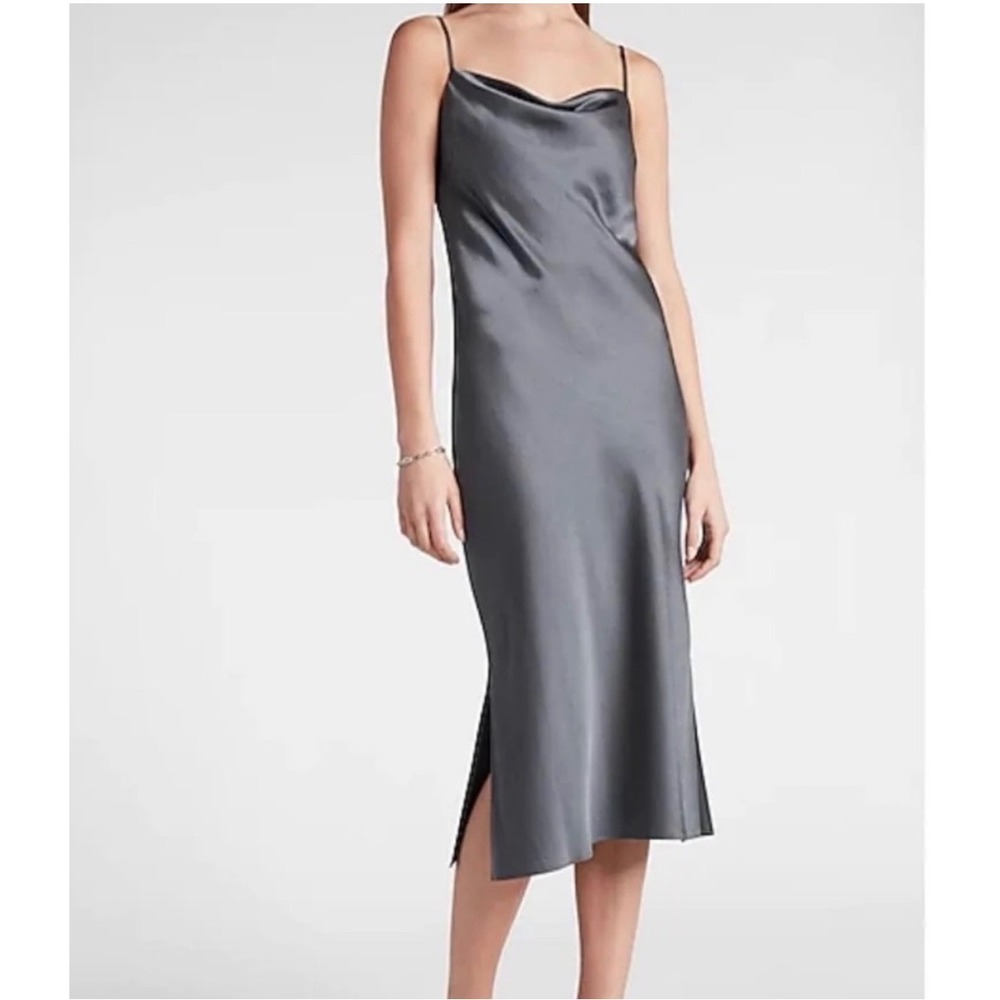 Express Black Satin Cowl Neck Midi Slip Dress Side Slit Womens Size Small